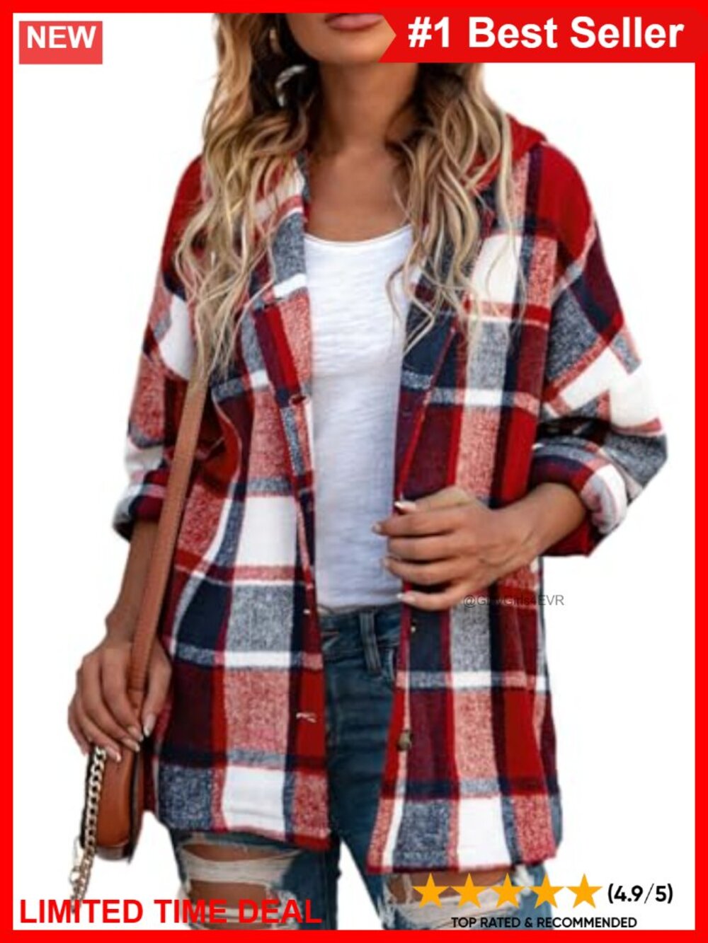 SHEWIN Women's Hooded Flannel Plaid Shacket Button Down Long Sleeve Casual